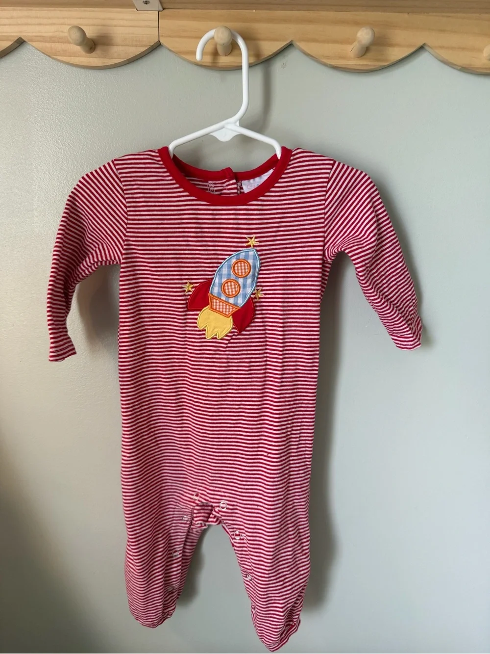 Stitchy Fish Unisex 6M Red White Stripe Rocket Appliqué Long Sleeve Romper